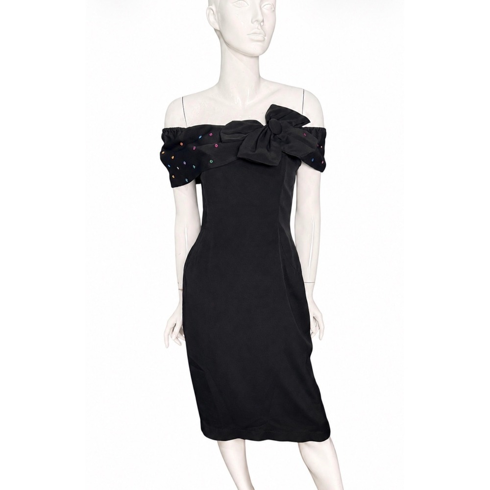 Topaz Vintage 80s Black Off Shoulder Bow Rhinestone Cocktail Dress medium glam